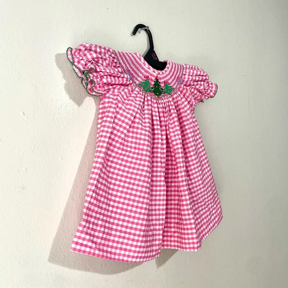 Southern Sunshine Pink Gingham Smocked‎ Holiday Dress Size 9M EUC